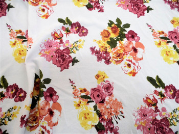 Fabric Printed Liverpool Textured 4 way Stretch Floral Mauve Yellow Peach K400 Fabric Printed Liverpool Textured 4 way Stretch Floral Mauve Yellow Peach K400