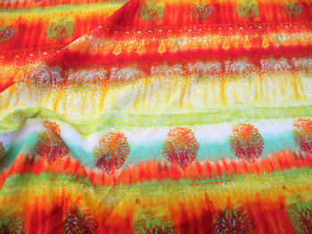 Discount Fabric Challis Rayon Apparel Red Orange Yellow Green Ikat Tribal G209
