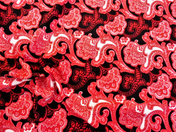 Printed Liverpool Textured Fabric 4 way Stretch Red Black White Floral H601 Printed Liverpool Textured Fabric 4 way Stretch Red Black White Floral H601