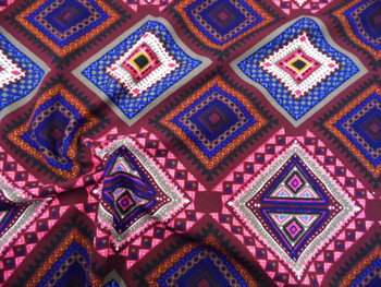 Printed Liverpool Textured Fabric 4 way Stretch Burgundy Pink Blue Aztec I601 Printed Liverpool Textured Fabric 4 way Stretch Burgundy Pink Blue Aztec I601