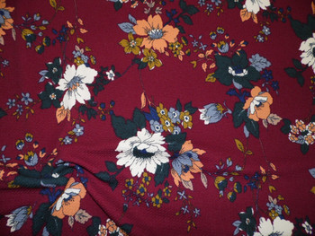 Bullet Printed Liverpool Textured Fabric 4 way Stretch Burgundy Red Orange Green Ivory Floral U31 Bullet Printed Liverpool Textured Fabric 4 way Stretch Burgundy Red Orange Green Ivory Floral U31