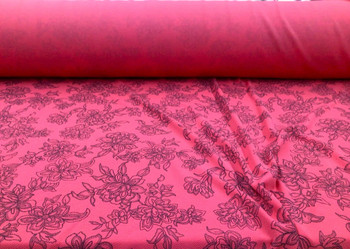 Printed Liverpool Textured Fabric 4 way Stretch Coral Pink Black Floral O25 Printed Liverpool Textured Fabric 4 way Stretch Coral Pink Black Floral O25