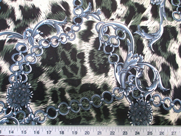 Discount Fabric Printed Jersey Knit ITY Stretch Big Cat Chains Black & Green C200