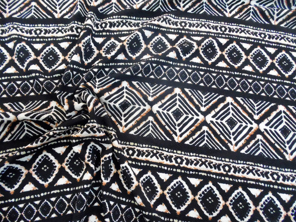Fabric Printed Liverpool Textured 4 way Stretch Aztec Black Brown Ivory K302