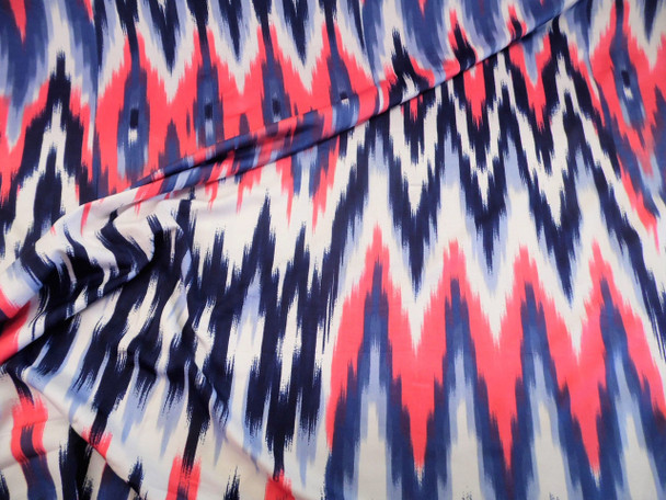 Discount Fabric Printed Spandex 4 way Stretch Ikat Chevron Navy Coral White B406