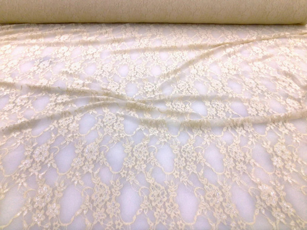 Stretch Mesh Lace Fabric Dark Ivory Floral Sheer Metallic Sheen A207