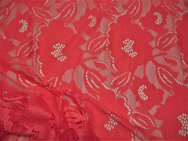 Embroidered Stretch Lace Apparel Fabric Sheer Floral Coral AA112