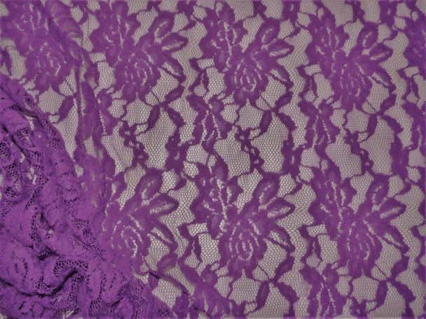 Embroidered Stretch Lace Apparel Fabric Sheer Flocked Floral Purple WW23