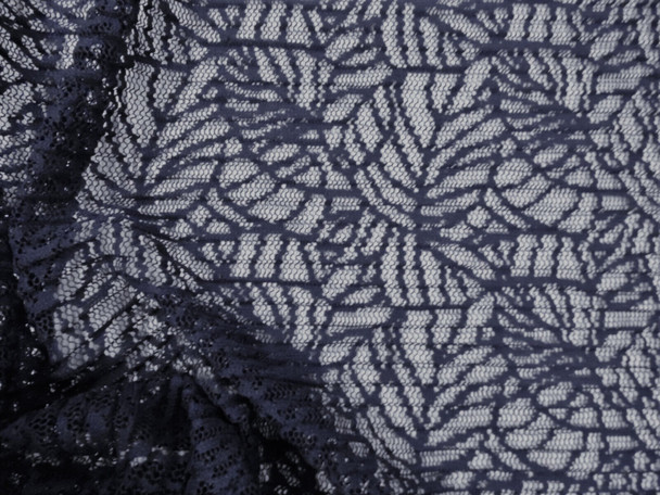 Pleated Stretch Lace Apparel Fabric Sheer Navy Blue Leaves EE400