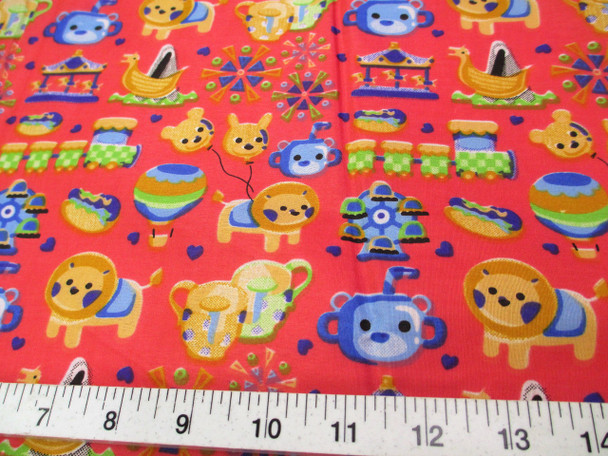 Discount Fabric Quilting Cotton Rose Red Carnival Day Trains Carousel Lion K403
