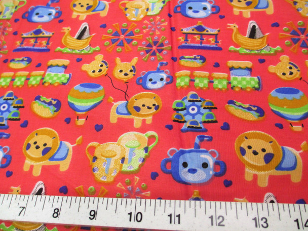 Discount Fabric Cotton Apparel Rose Red Carnival Day Trains Carousel Lion K403