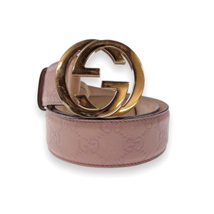 Gucci Pink Leather Embossed GG Monogram Gold Buckle Belt 