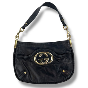 Gucci Black Leather Gold GG Shoulder Bag 