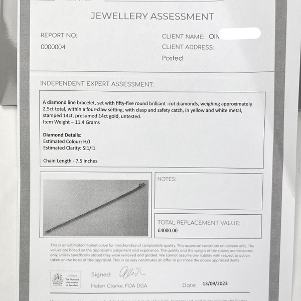 14ct Yellow Gold 2.5ct Diamond Tennis Bracelet w/ Certificate
