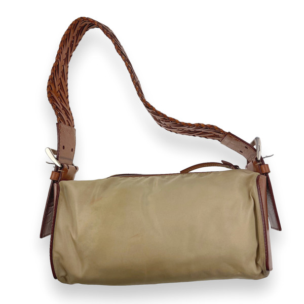 Prada Beige Nylon & Brown Leather Shoulder Bag 