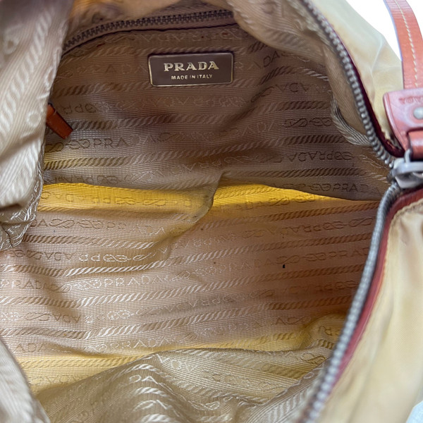Prada Beige Nylon & Brown Leather Shoulder Bag 