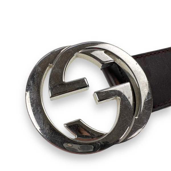 Gucci Brown Leather Silver GG Buckle Belt 