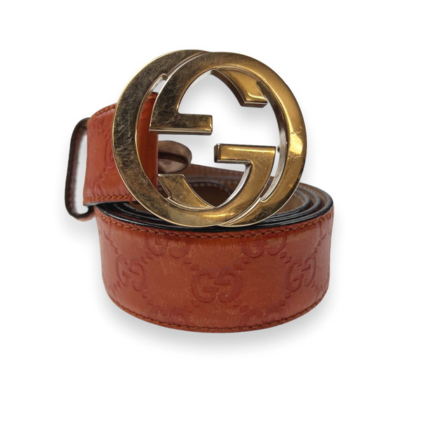 Gucci Orange Leather Embossed GG Monogram Gold Buckle Belt 