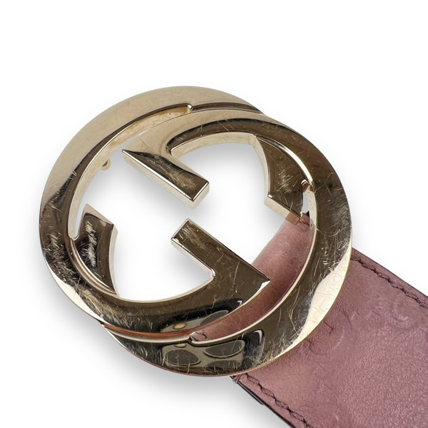 Gucci Pink Leather Embossed GG Monogram Gold Buckle Belt 