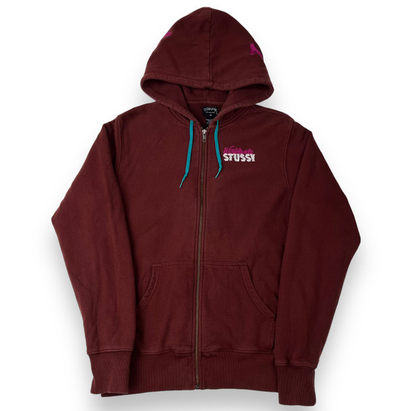 Stussy Burgundy Embroidered Zip Up Hoodie