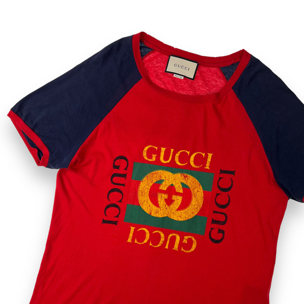 Gucci Printed Logo Red & Navy T Shirt