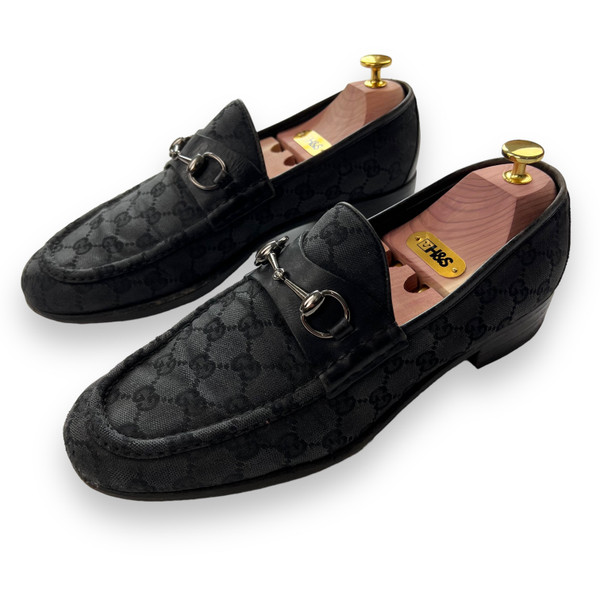 Gucci Monogram Black Horsebit Loafers 