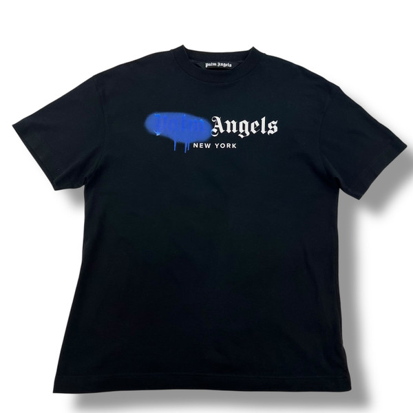 Palm Angels Blue Spray Logo Black T Shirt 