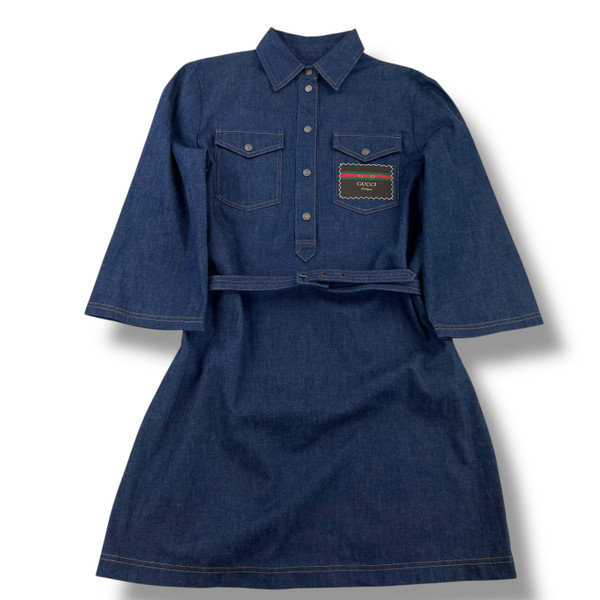 Gucci Logo Patch Belted Denim Mini Dress 