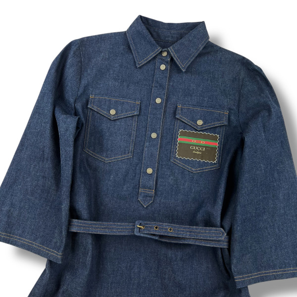 Gucci Logo Patch Belted Denim Mini Dress 