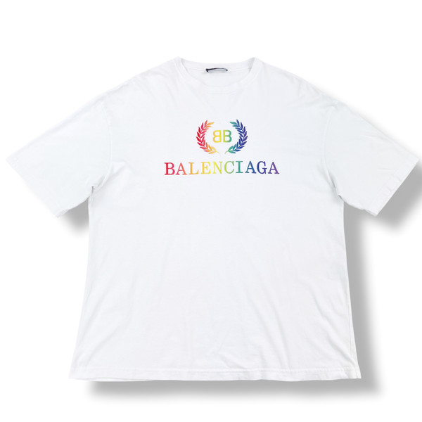 Balenciaga Rainbow Embroidered BB Crest White T Shirt 