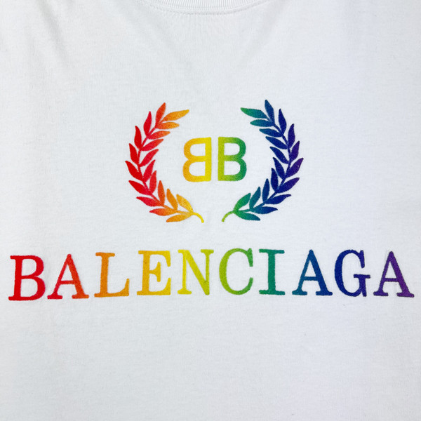 Balenciaga Rainbow Embroidered BB Crest White T Shirt 