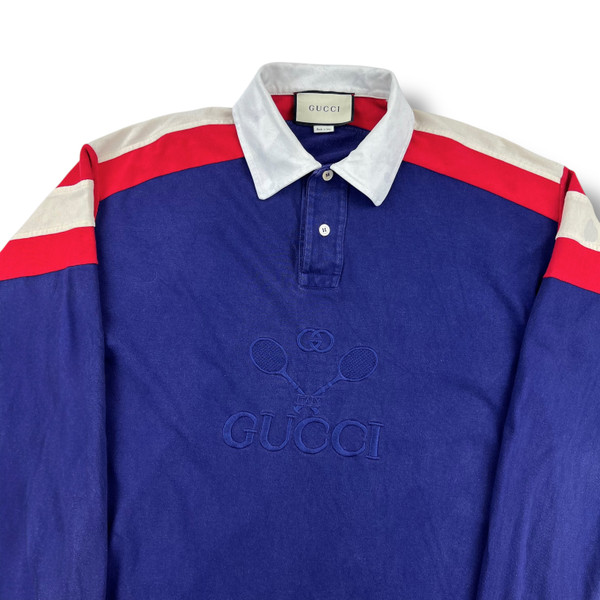 Gucci Tennis Applique Navy Long Sleeve Polo Shirt