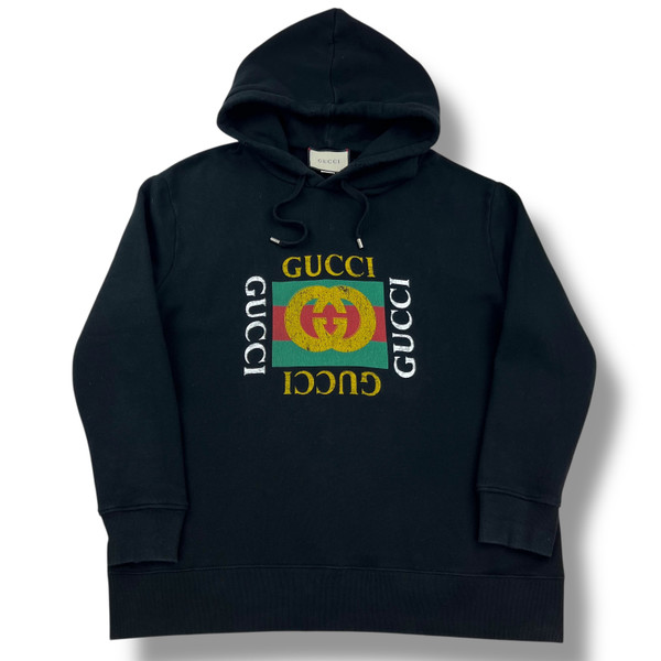 Gucci Printed Logo Distressed Black Hoodie 