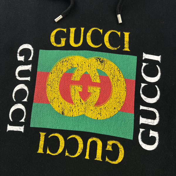 Gucci Printed Logo Distressed Black Hoodie 