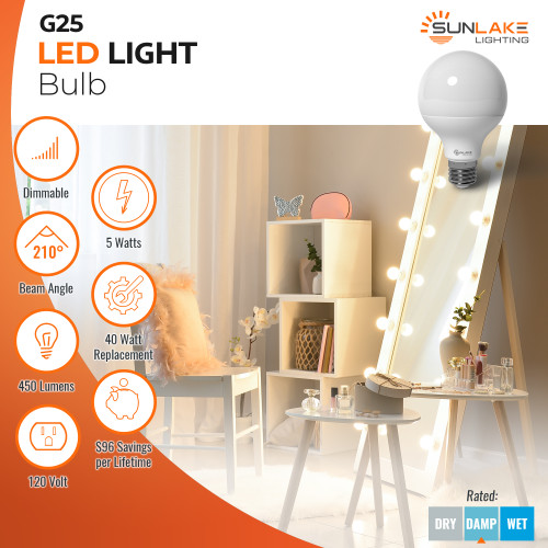 G25 LED Globe - 5W=40W Replacement - - E26 Base