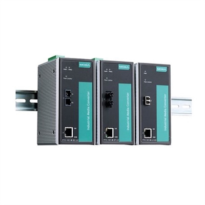 Moxa PTC-101 Series Ethernet-to-Fiber Media Converters, including the PTC-101-S-ST-HV