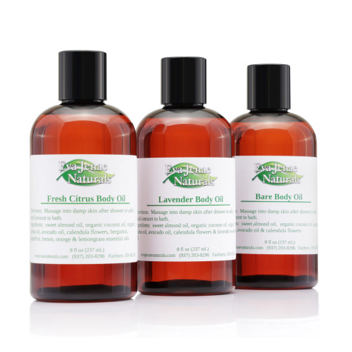 This Body Oil absorbs quickly and is infused with skin loving herbs that leave your skin soft and supple!  It's available in three scents: lavender, fresh citrus and bare. 