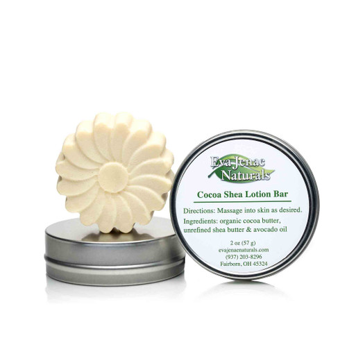 Our vegan lotion bar locks in moisture and is made  with all natural ingredients to protect your skin.  Our Cocoa Shea Lotion Bar does not contain any wax and is great for rough, dry areas like knees and elbows.  