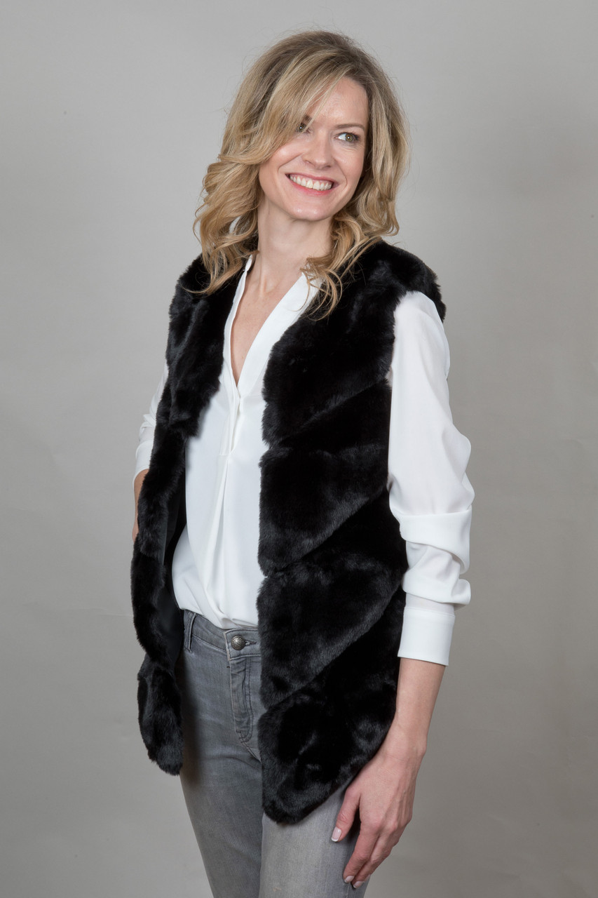 fur gilet black long