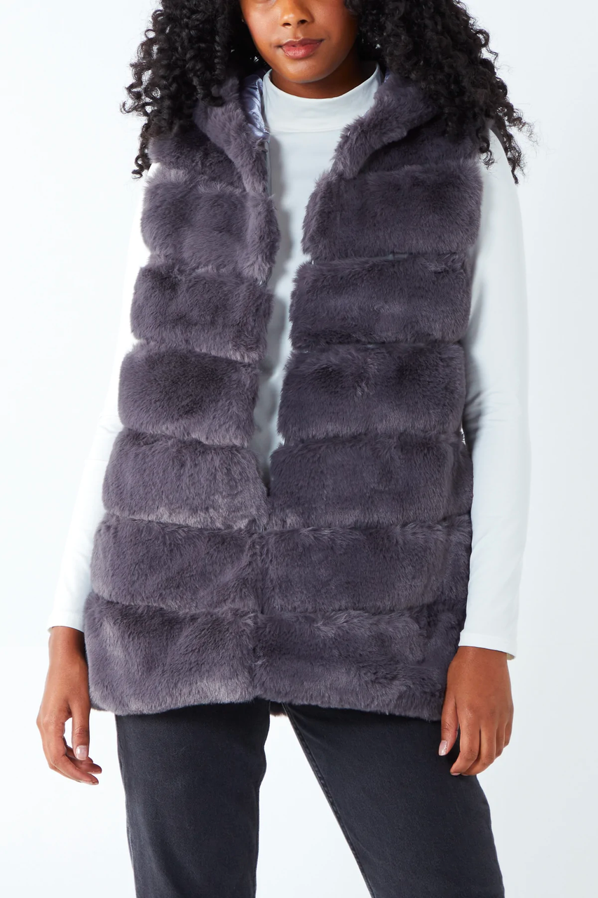Hooded Pelted Faux Fur Gilet in Grey 