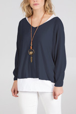Double Layer Jersey Top with Necklace in Navy