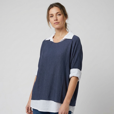 Double Layer Collar Top  in Navy