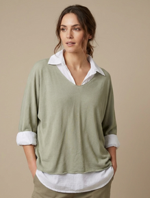 Double Layer Collar Top  in Khaki