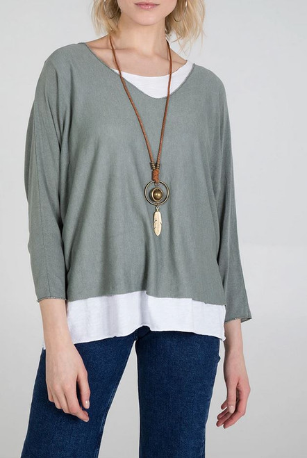 Printed Double Layer Summer Top with Necklace in Khaki