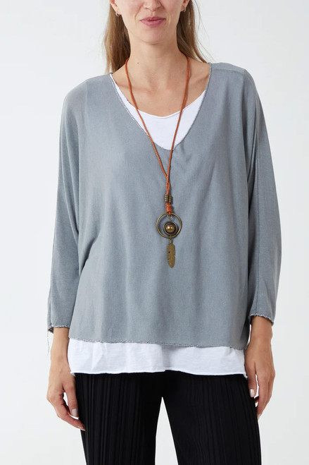 Double Layer Summer Top with Necklace in Grey