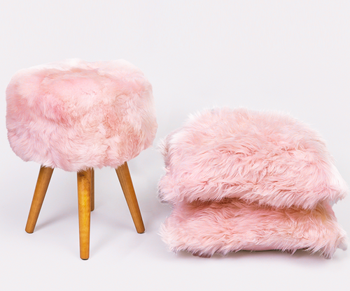 Pink Sheepskin Stool & Two Cushions