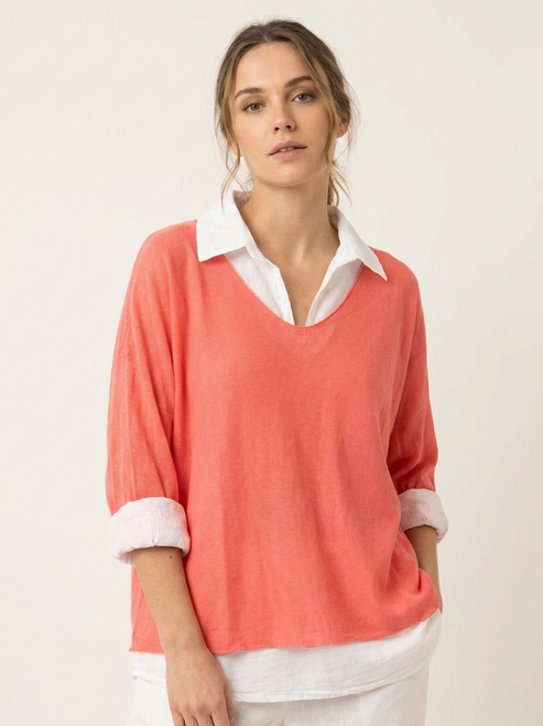 Double Layer Collar Top  in Coral