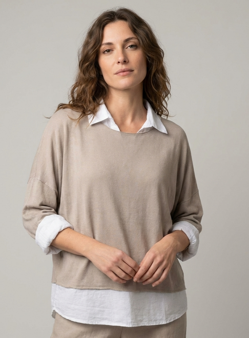 Double Layer Collar Top  in Beige