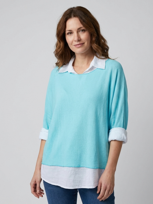 Double Layer Collar Top  in Turquoise