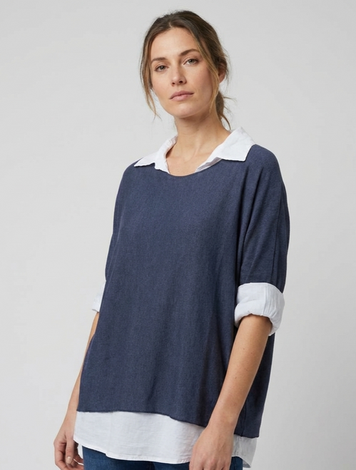 Double Layer Collar Top  in Navy